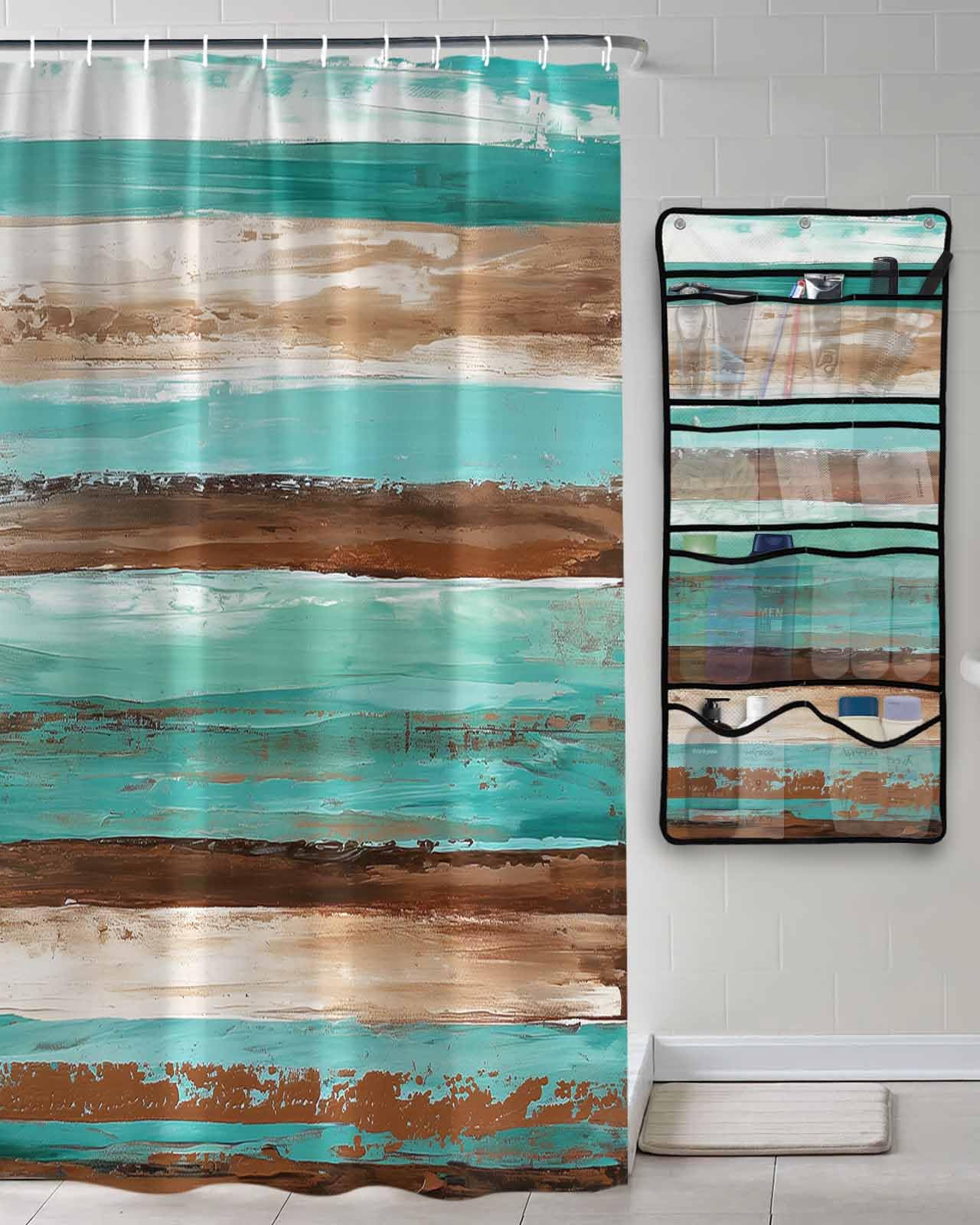 Decorative Shower Curtain Sets Ombre Teal Brown Polyester Fabric Waterproof Bath Shower Curtains Abstract Watercolor Wood Grain Mesh