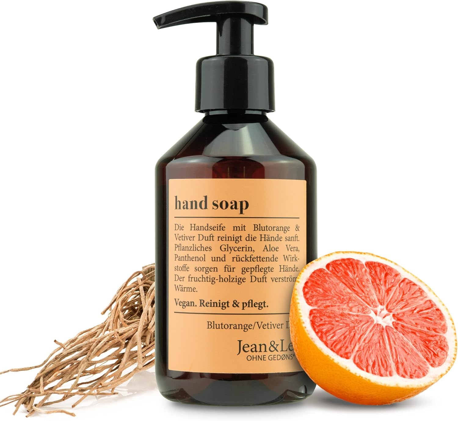 Jean & Len Jabón de manos Naranja sanguina y vetiver, limpia las manos con suavidad, jabón líquido para manos limpias, aroma afrutado y amaderado, sin parabenos ni siliconas, vegano, 250 ml