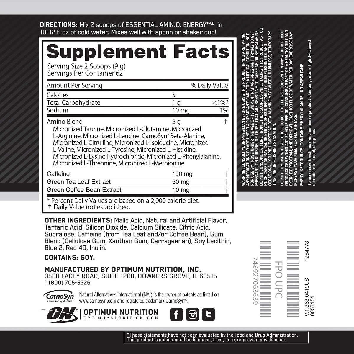 Optimum Nutrition Essential Amino Energy, Concord Grape, Preworkout and Postworkout Recovery with Essential Amino Acids and Caffeine from Natural Sources, 62 Servings, 1.23 lb, Pack of 1 : Health & Household