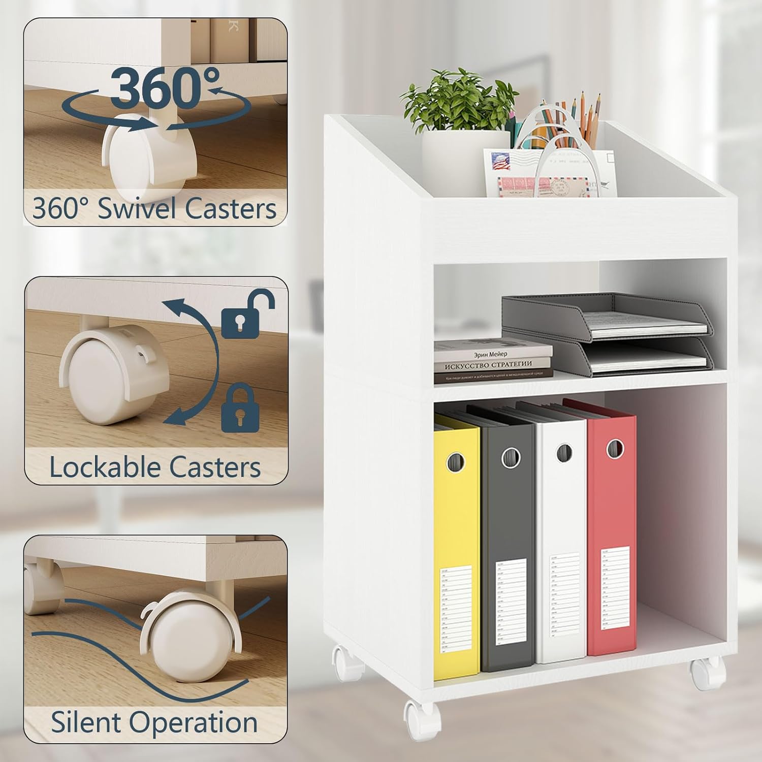 3-Tier Mobile Files Cabinet, Under Desk White Storage Organizer with Wheels for Home Office (White) - Image 4