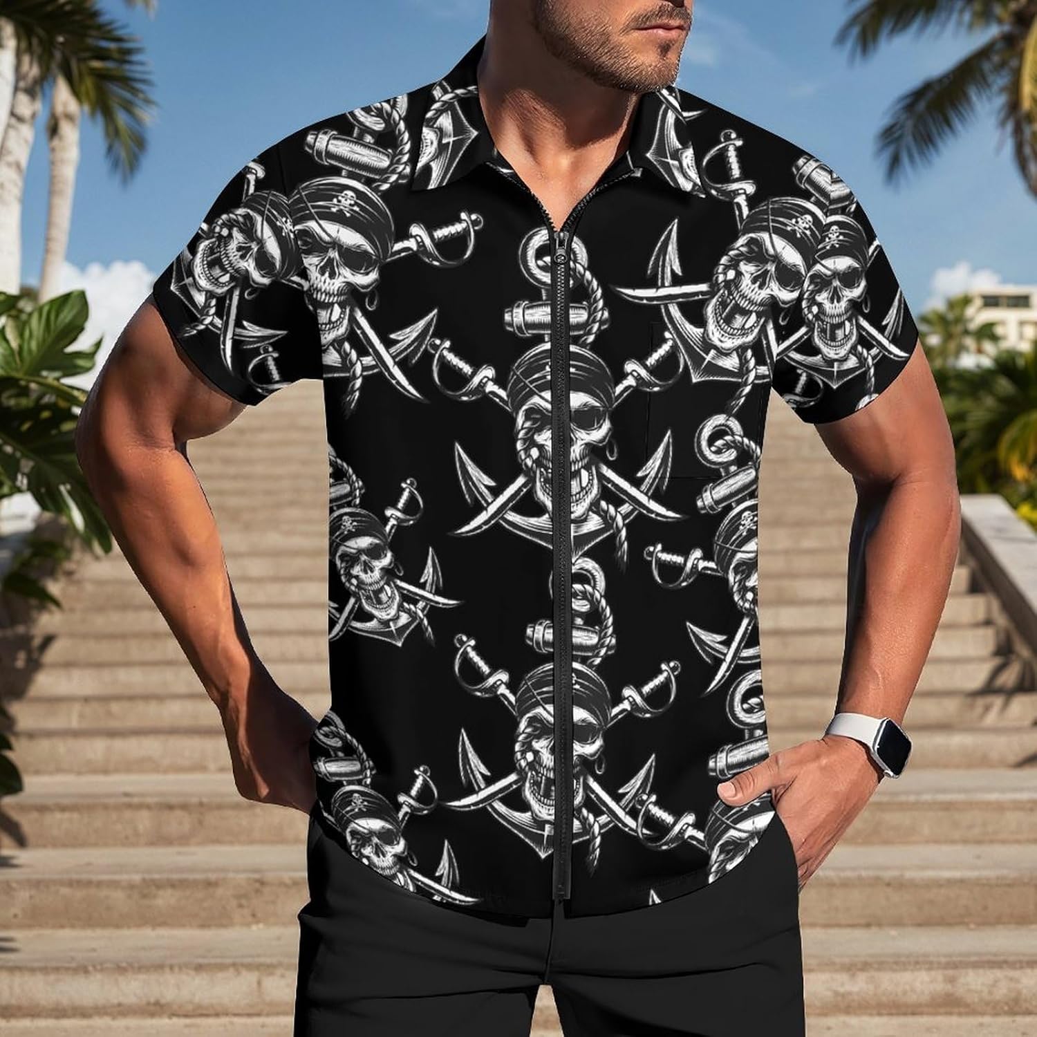 Pirate Skull Swords Anchorss Men's Short Sleeve Shirt Zip-Up Golf Polo Shirts with Pocket