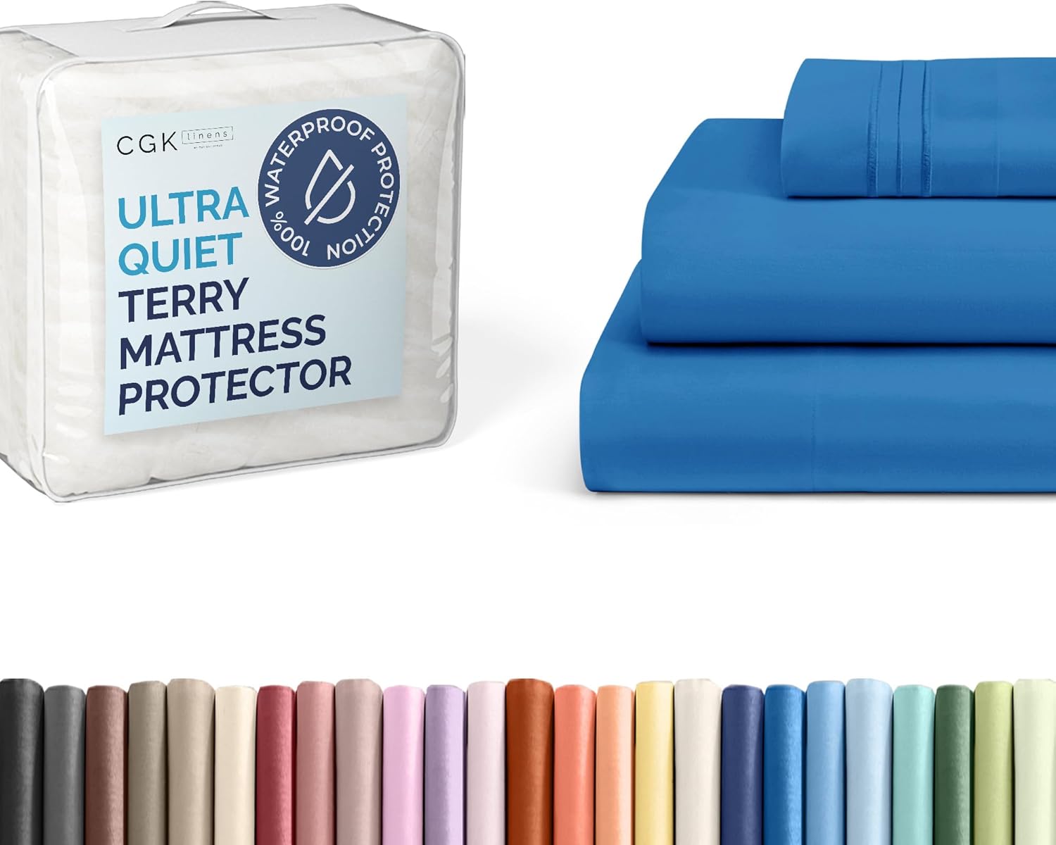 CGK Unlimited Twin XL Size 3 Piece Royal Blue Sheet Set + Twin XL Size Terry Mattress Protector