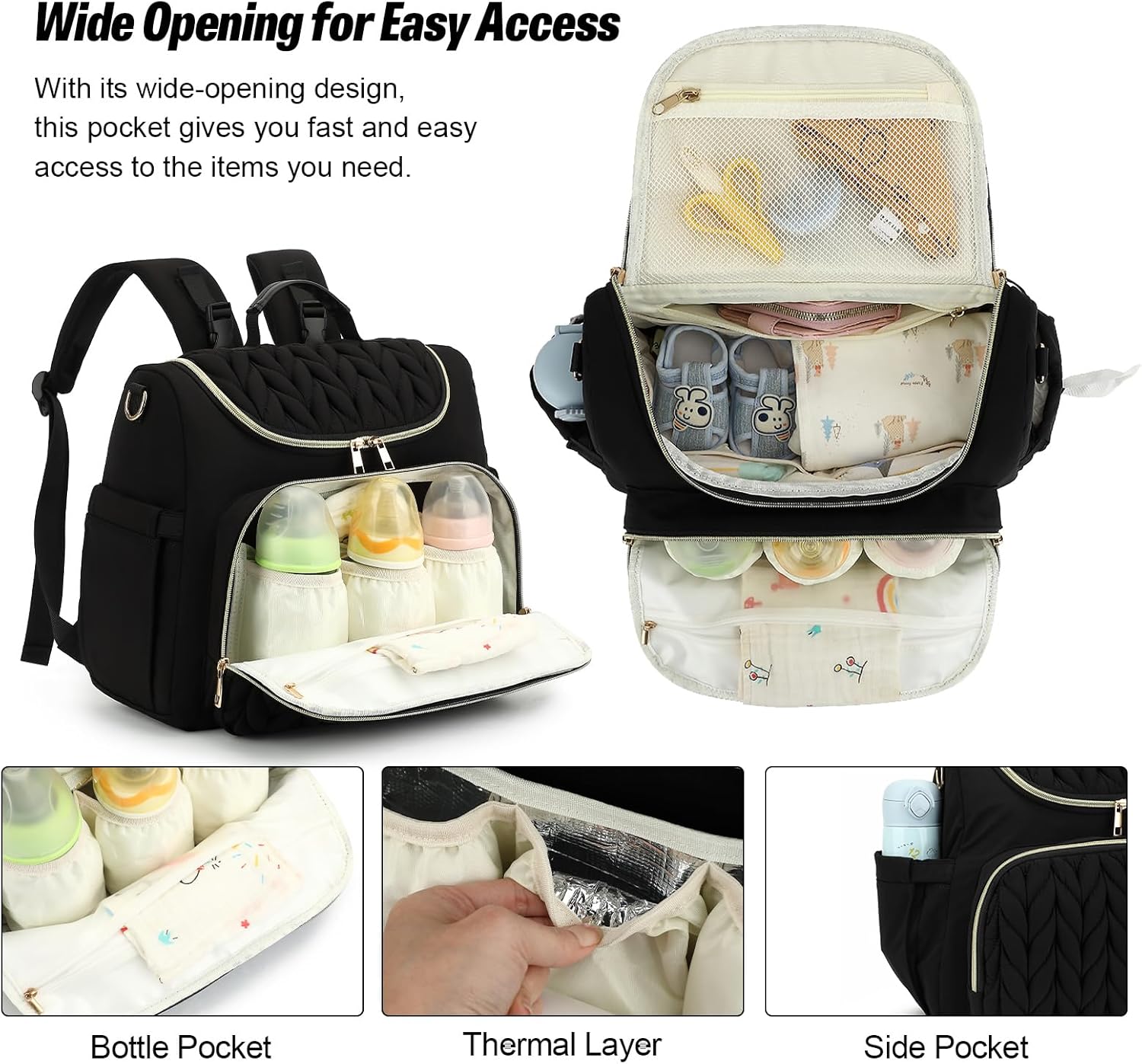 Small Diaper Bag Backpack, Quilted Mini Baby Crossbody Diaper Bag Tote for Mom (Black)