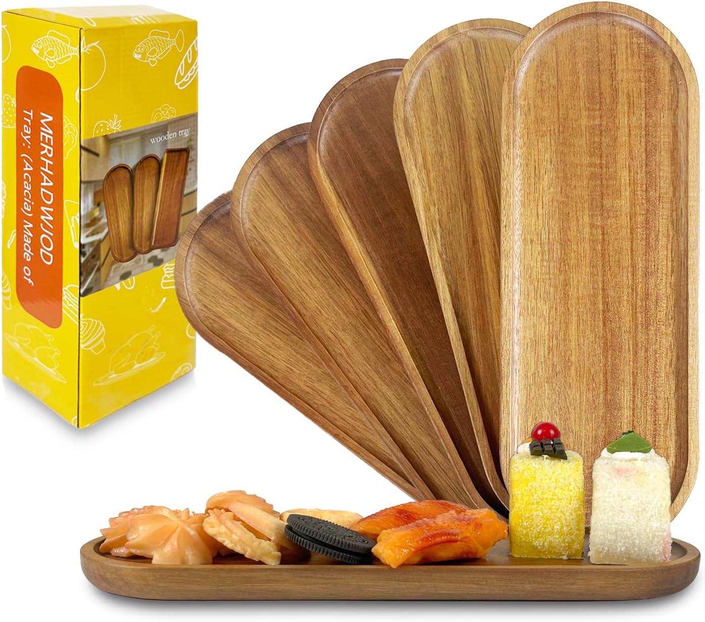 Set of 5 Acacia Wooden Trays Rustic Small Oval Serving Tray Bulk Wood Food Plate…
