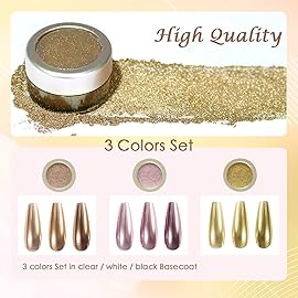 Laza 3 Colors Chrome Nail Powder Mirror Effect Metallic Dust Holographic Glitter Glazed Manicure Decoration Reflective Pigment for DIY Gel Polish Nail Art, Resin Craft, Gifts - Champagne Lotus