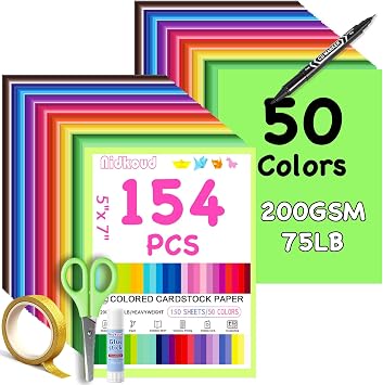 5x7 Cardstock Colored Paper,154PCS Construction Paper Bulk 50 Assorted Colors,200GSM/75LB Rainbow Heavy Cardstock Printer Paper for Scrapbooking, Card Making, School Supplies