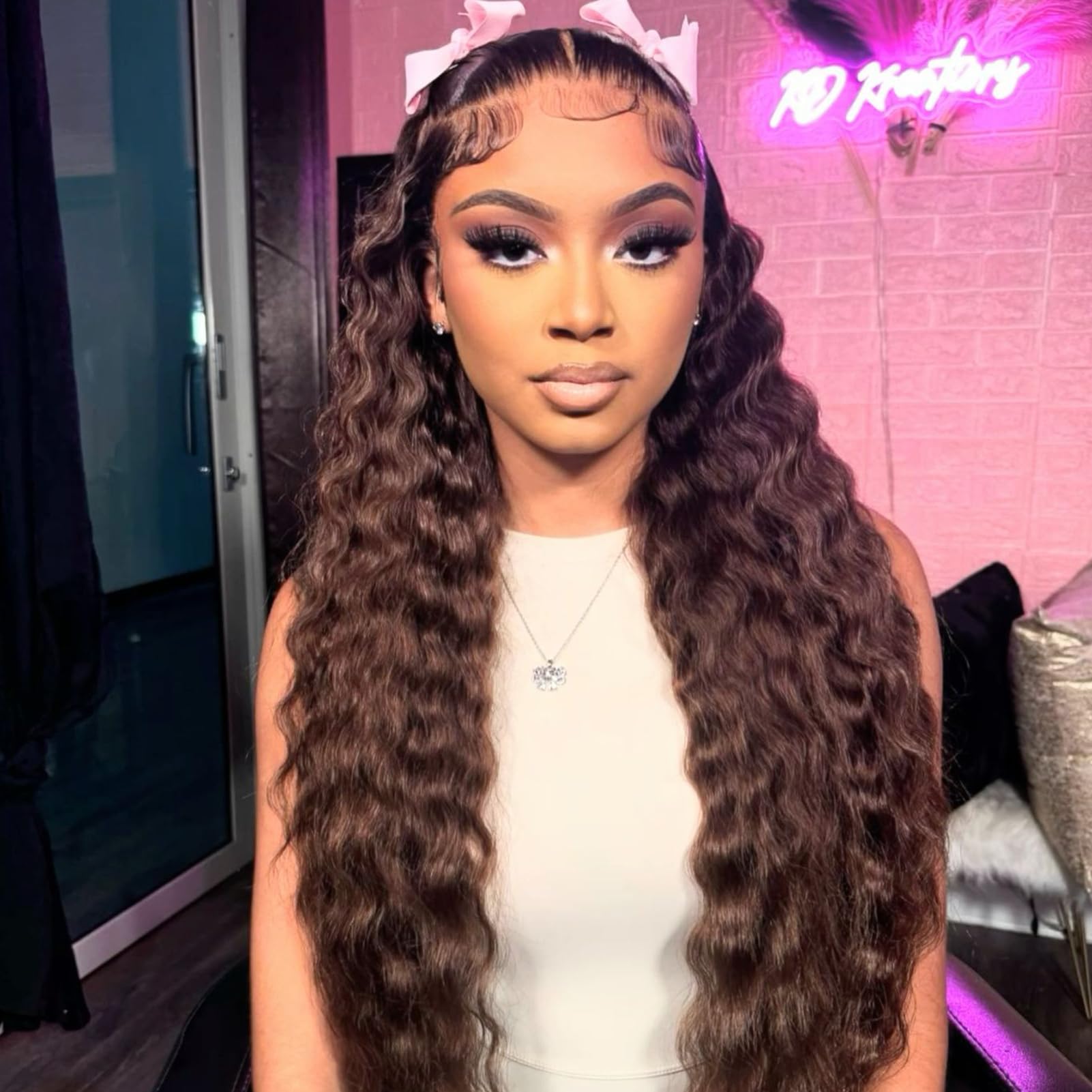 MEIMEI 250% Density HD Full Lace Front Wigs Human Hair Loose Deep Wave Chocolate Brown 15A Grade Real Full Large Lace Space Brown 13x4 Loose Wave Lace