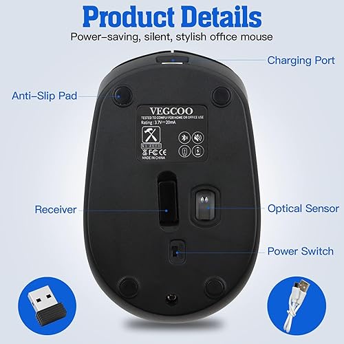 Miniatura 7 de VEGCOO Ratón inalámbrico, mouse de computadora recargable, mouse silencioso, mouse ergonómico, conexión Bluetooth y USB, dos modos conmutables,