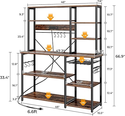 Miniatura 19 de SUPERJARE Estante grande para panaderos con tomas de corriente, soporte de microondas de 6 niveles, barra de café con 12 ganchos en forma de S,
