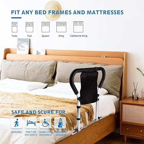 Miniatura 8 de Rieles de cama plegables para adultos mayores, barra de soporte de cama médica con bolsa de almacenamiento, se adapta a colchones King Queen, Full
