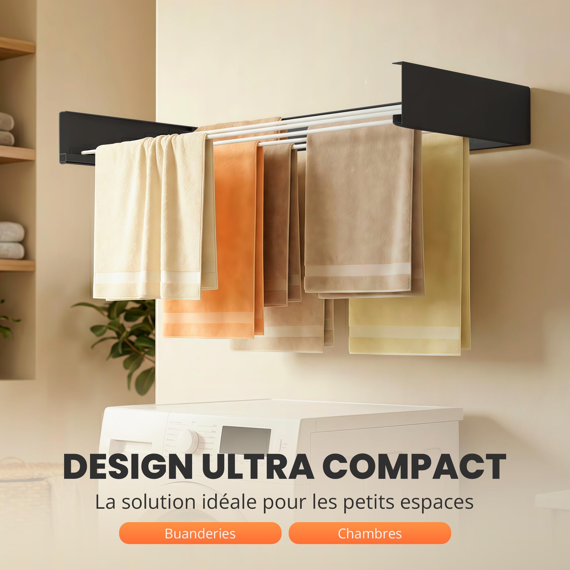 JUPPLIES Étendoir à Linge Mural Rétractable 100 cm – Séchoir Pliable Mural pour Intérieur ou Extérieur – Étendoir Compact en Aluminium 30 kg de Capacité (Noir)