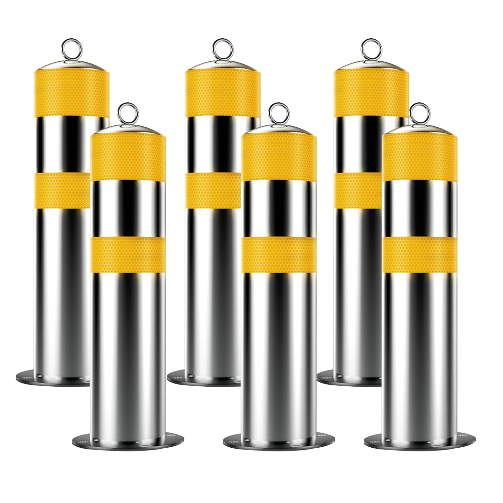 Aioneer 6Pcs Stainless Steel Traffic Bollards - Rustproof & Waterproof Driveway Security Barriers With Reflective Strips, Yellow Parking Poles For Enhanced Traffic Control & Safe
