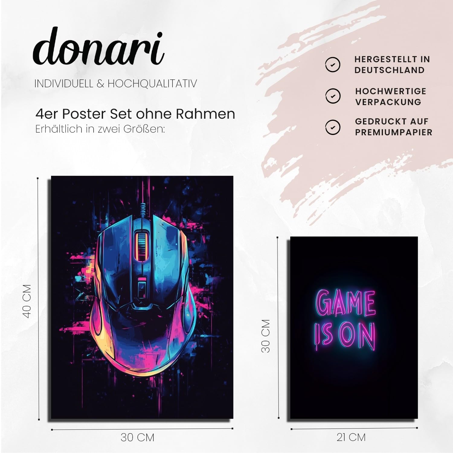 Donari Poster Gaming 4er-Set - Gaming Bild als Deko für Gamingzimmer - Wand Dekoration für Zocker Zimmer Led Optik Set A4 Bilder mit oder ohne Rahmen (Motiv 3, 21x30 cm, Gerahmt)