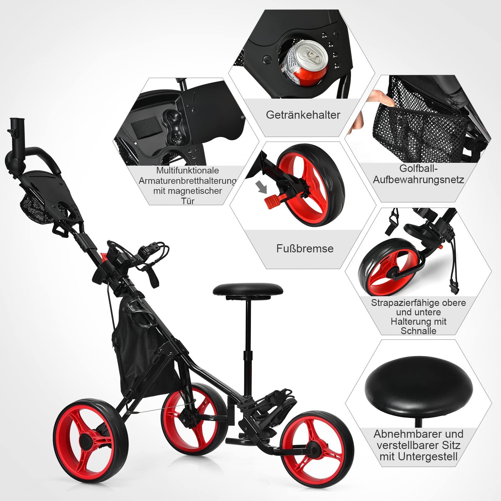 GYMAX Golf Push Trolley klappbar, 3-Rad Golfwagen mit Sitz & Verstellbarer Griff, Golftrolley, Golfcaddy, Golf Push Cart inkl. Scoreboard, Flaschehalter, Schirmhalter & Aufbewahrungstasche