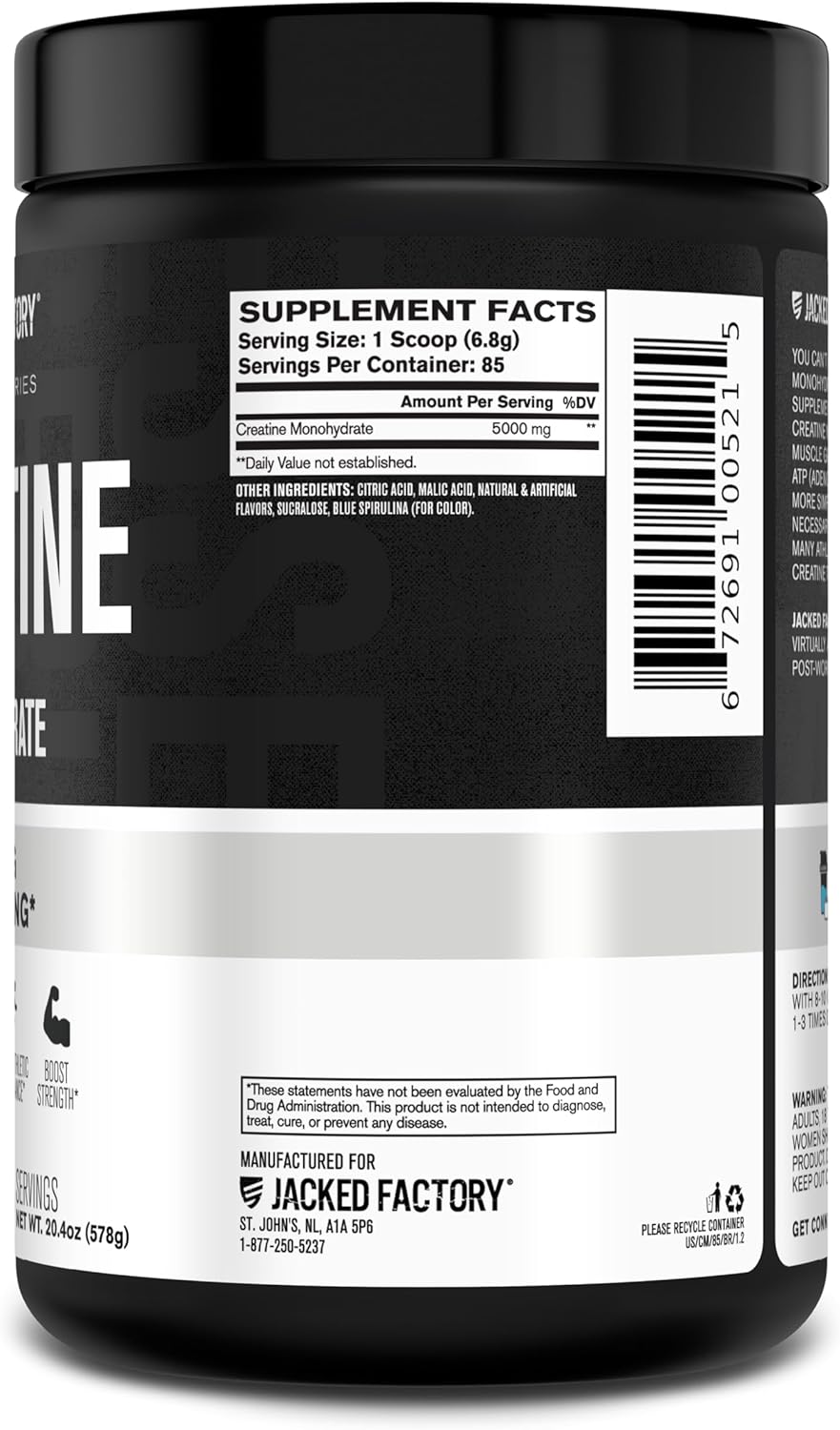 Jacked Factory Creatine Monohydrate Powder 20.4 oz (578g) - 5g Daily Creatine Supplement for Men and Women, Vegan-Friendly, Third-Party Tested - 85 Servings, Blue Raspberry - Image 9