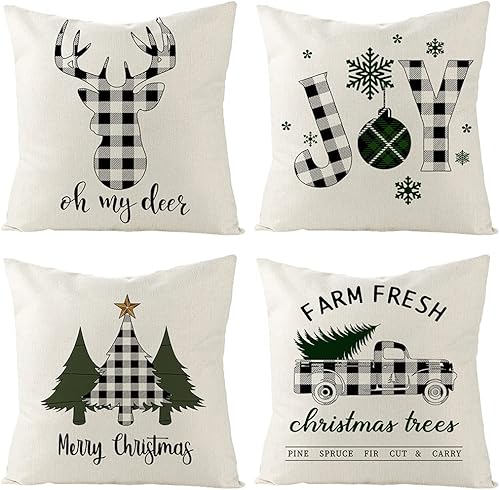 4 fundas de almohada de Navidad de 18 x 18 pulgadas, fundas de almohada decorativas rústicas a cuadros de búfalo para decoración de Navidad, fundas