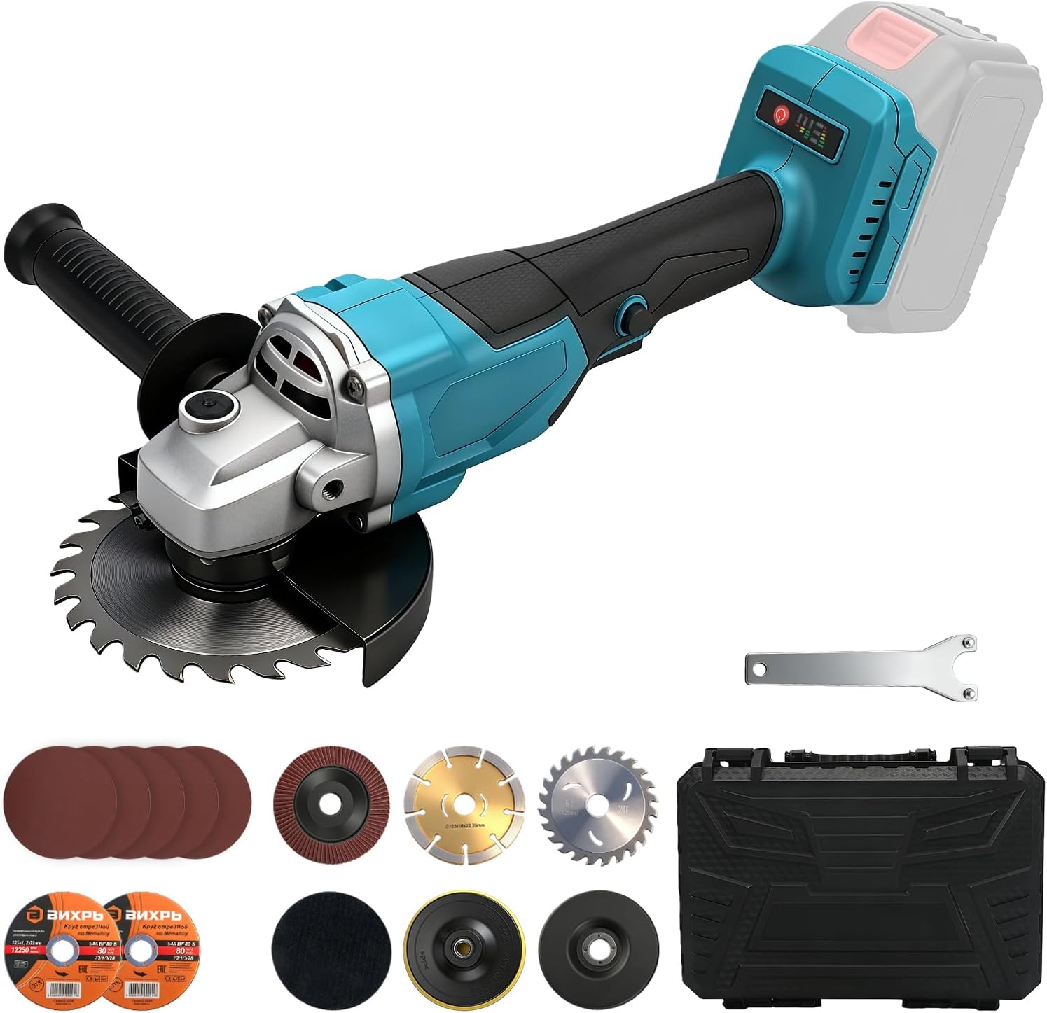 125mm Cordless Angle Grinder Compatible with Makita 18V Battery (No Battery), 900W, 9000rpm, Brushless Angle Grinder with 3 Speeds, 12 Discs, Additional Handle and Plastic Case