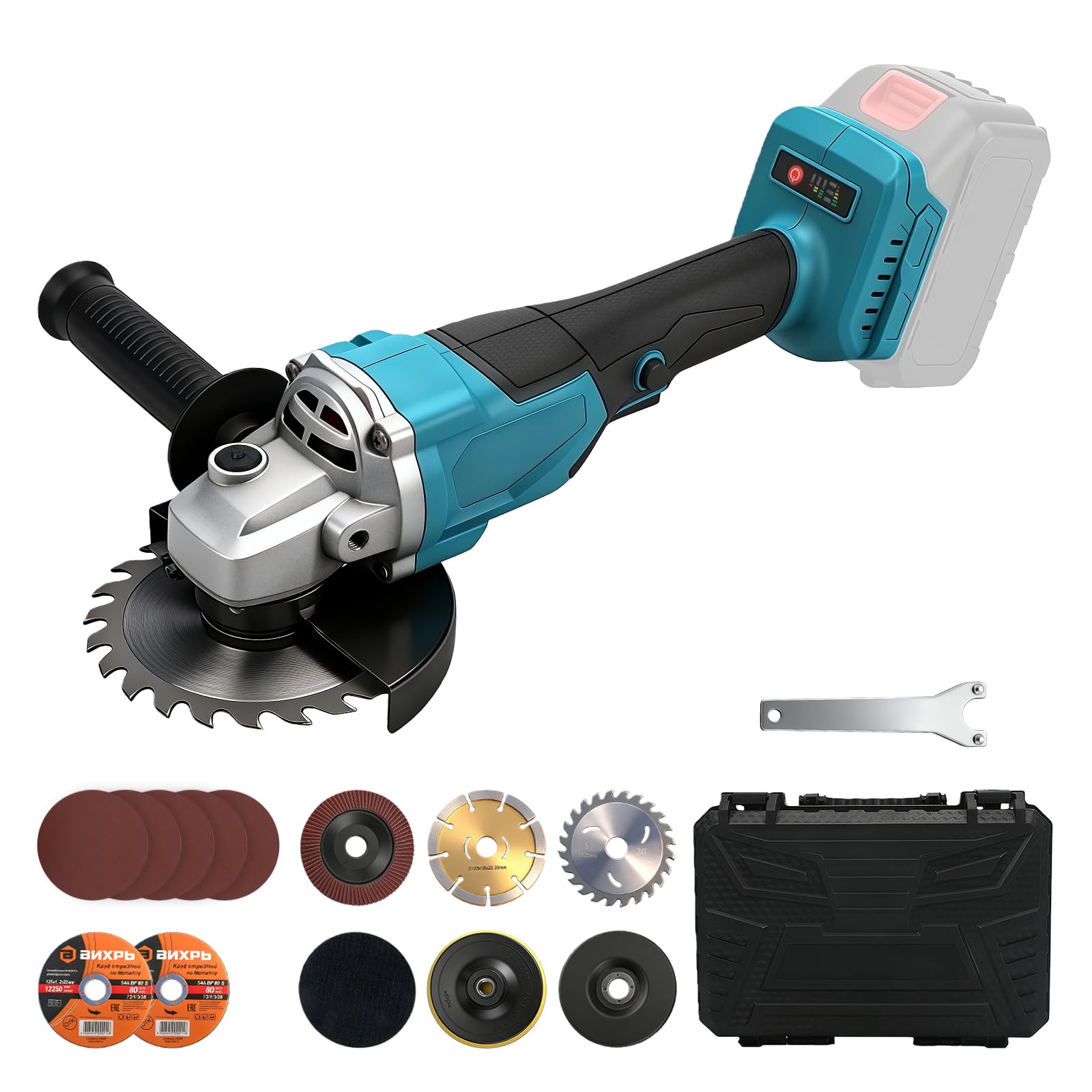 125mm Amoladora angular inalámbrica compatible con Makita 18V batería (sin bateríe), 900 W, 9000 rpm, amoladora angular sin escobillas con 3 velocidades, 12 discos, mango adicional y caja de plástico