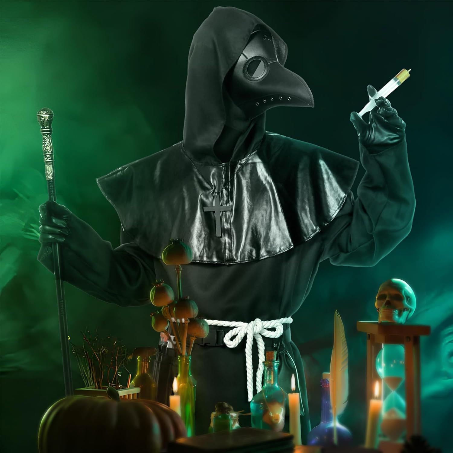 Plague Doctor Costume,Scary Black Doctor Robe with Mask Gloves Hat,Halloween Costumes for Aldult