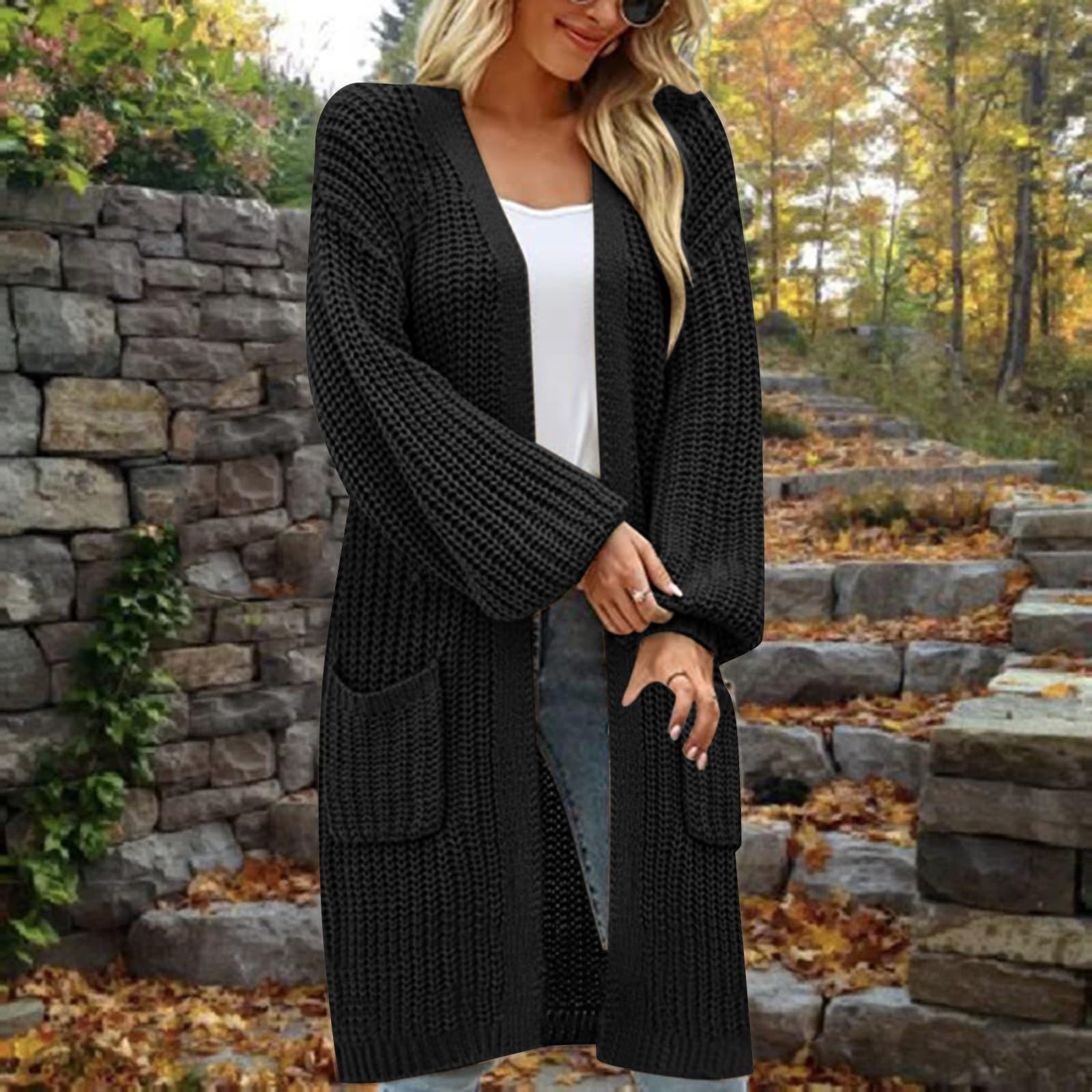 Femme Hiver Cardigan Long Tricot Veste Ouvert Épais Manches Longues Pull Gilet Chaud Capuche Manteau Sweater Chandail Outwear Pullover Confortable Manteau De Couleur Unie