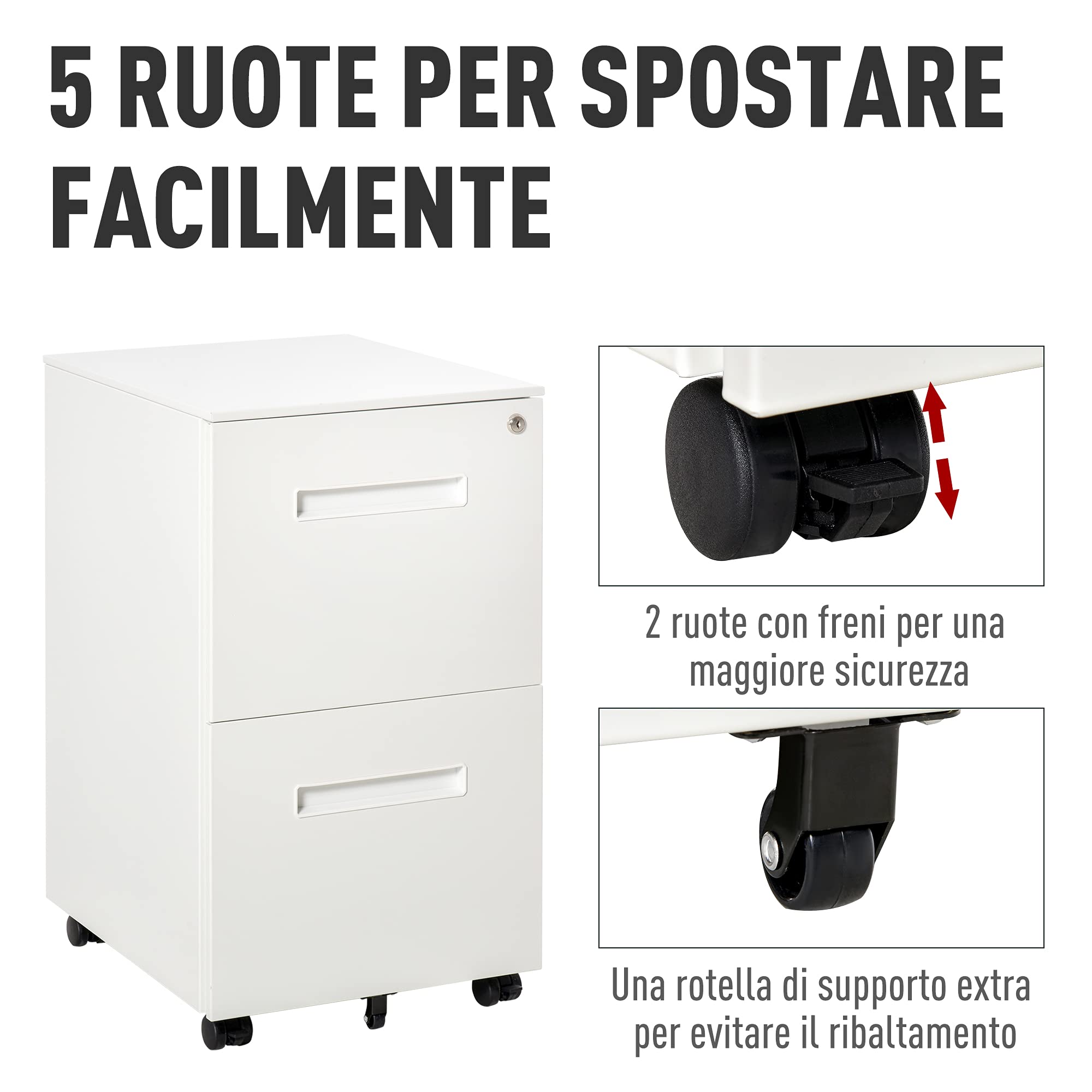 Vinsetto Cassettiera Ufficio con Ruote e 2 Cassetti 39x48x67cm Bianco | Schedario Portadocumenti, Serratura e 2 Chiavi, in Acciaio
