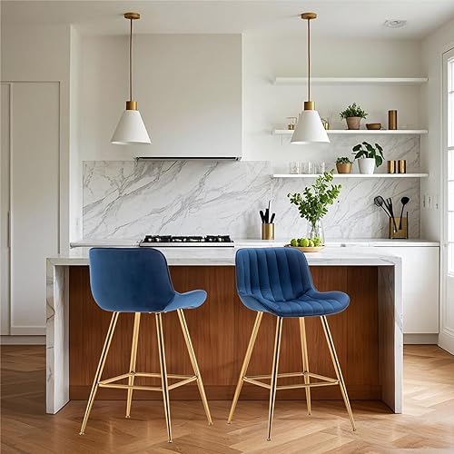 Miniatura 8 de Sidanli Blue - Juego de 2 taburetes de bar de terciopelo de 24 pulgadas con reposapiés, sillas de bar modernas para el hogar, isla de cocina,