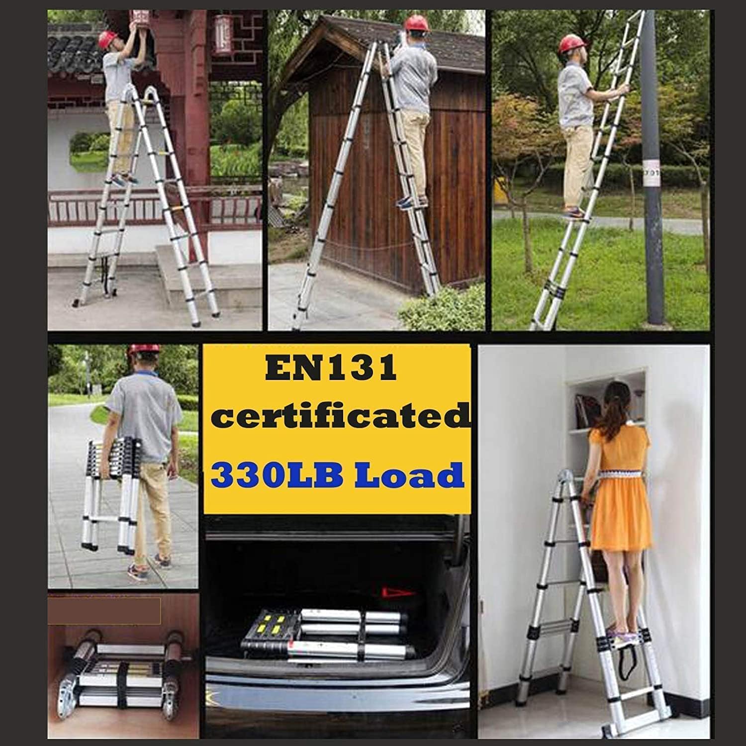 5 m Lange Teleskopleiter, Doppelzweck, Metall, leichte Teleskopleiter mit Stabilisator, kompakte Trittleiter, 150 kg Tragkraft (2,5 m + 2,5 m)