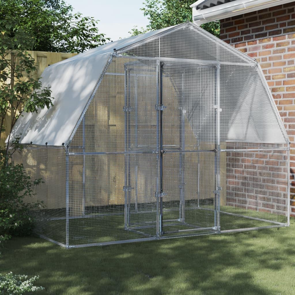 Brokky 285 X 195 X 230 Cm Chicken Cage With Roof And Door Silver Galvanised Steel,Walk In Chicken Run Galvanized Chicken Coop Hen Poultry House Cage Rabbit Hutch Pet Playpen Backyard With Water-Resistant Cover