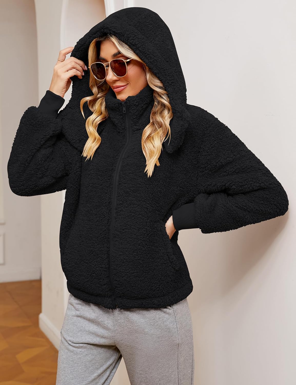 Micoson Womens Faux Fur Coat Winter Full Zip Sherpa Fleece Jacket Long Sleeve Warm Fuzzy Outerwear with Hooded - Image 5