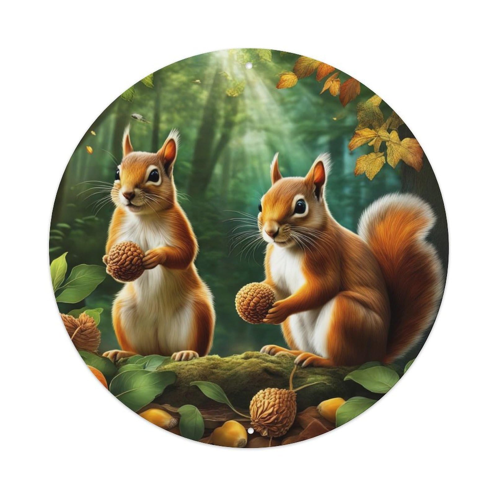 Wildlife Artwork Two Squirrels Eating Pine Cones Vintage Metal Tin Sign Plaque Wall Decor for Cafe, Club, Garden Round Metal Poster 8x8Inch