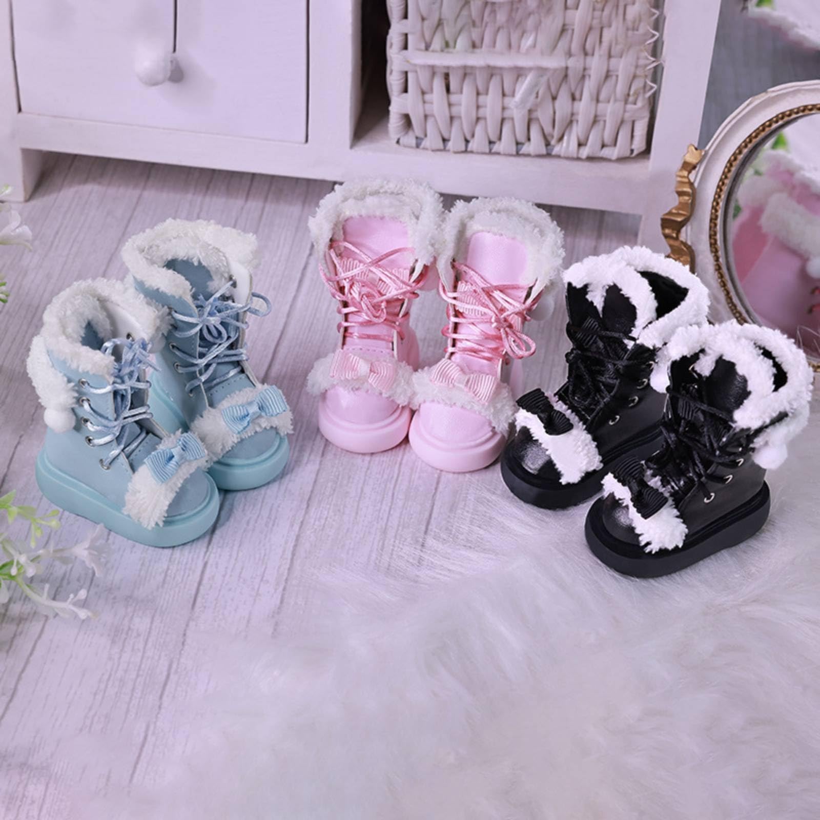 Gralara Bjd Puppenstiefel mit Kunstfell winterlich Puppenschuhe dicksohlig für Puppensammler, Puppen-Styling , Schwarz