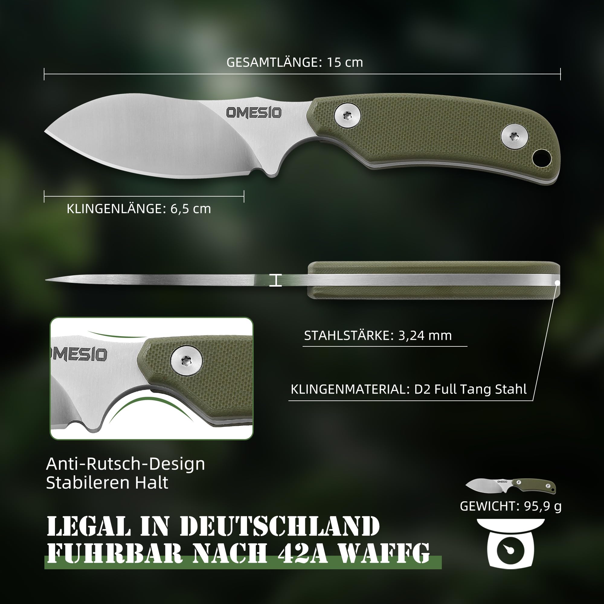 Omesio EDC Couteaux - Cuchillo de Cuello con funda Kydex, Cuchillo de Cuello Acero fijo pequeño D2 Full Tang Mango G10 Punta Nessmuk