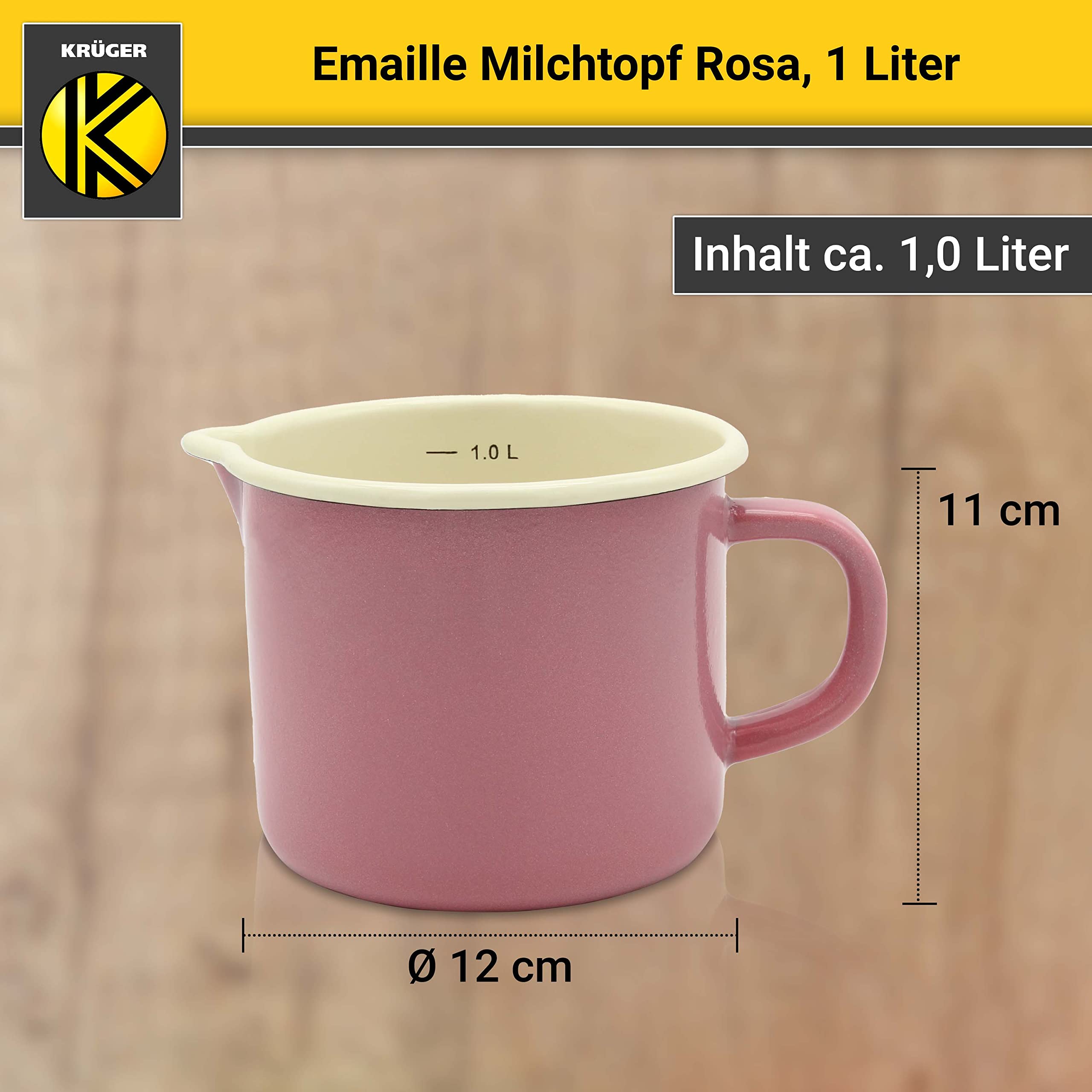 Krüger Olla de leche esmaltada rosa de 12 cm, 1 litro, con base de contacto completo para cocinar de bajo consumo, práctica boquilla y escala de litros, apta para lavavajillas e inducción (rosa)