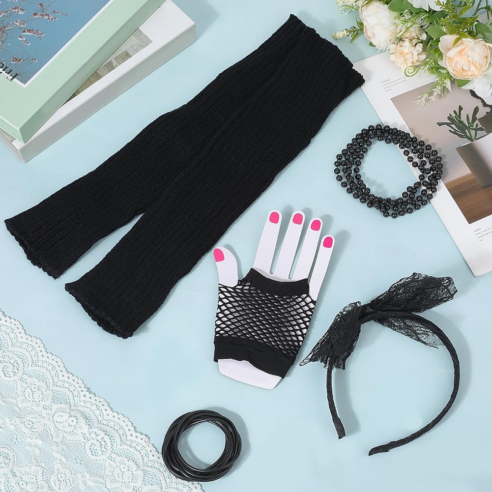 CABODYALS 16Pcs Black 80s Fancy Dress Costume Accessories Kits Lace Headband Fishnet Gloves Necklace Bracelet Leg Warmer Womens Outfit Jewellery Set for Women 80s Retro Party Prom Cosplay Halloween - Image 3