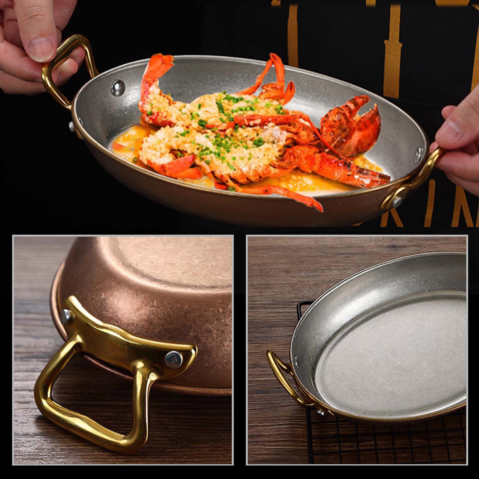 Ovale spanische Paella-Pfanne, antihaftbeschichtete Edelstahlpfanne, genietete Griffe, spülmaschinenfest, Paella-Kochgeschirr für Zuhause oder Restaurants,Retro Gold,24cm