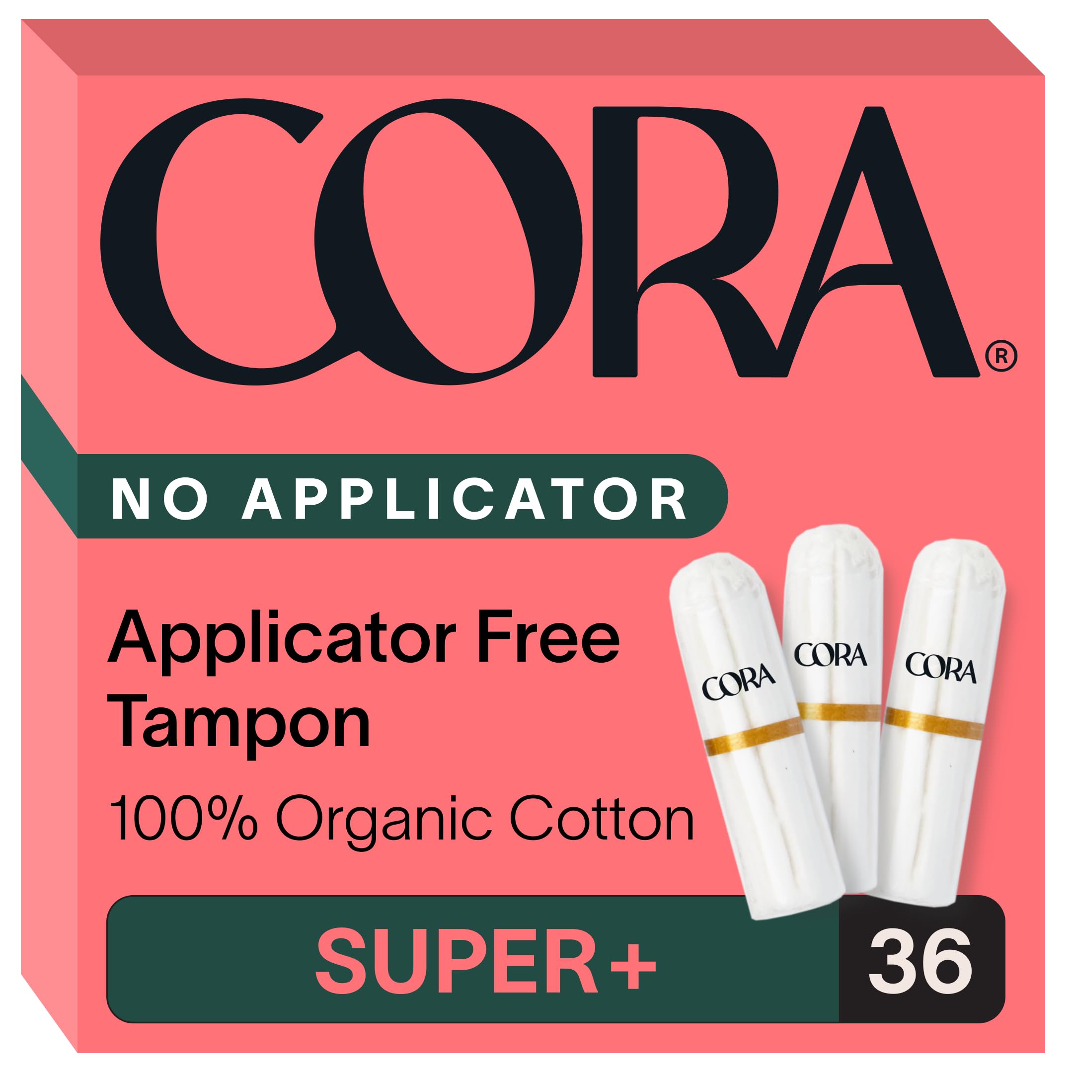 Cora Non-Applicator Tampons - 100% Organic Cotton | Ultra-Absorbent, Unscented, Natural, Non-Toxic, Applicator Free | Eco-Conscious (36 S+ Tampons)