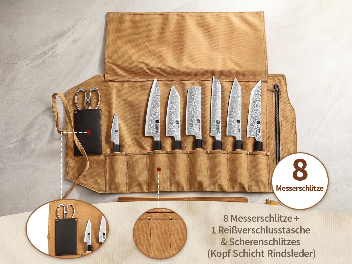 XINZUO Messertasche 78,5cmx41,5cm, Profi Koch Rolltasche, Universal Etui für Koch 8 Slots, 16oz verdickte Leinwand, können Küchenwerkzeuge halten, tragbare Messer-Werkzeugtasche (nur Tasche)