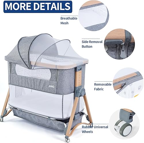 Miniatura 4 de Cuna para bebé, cama de noche 3 en 1, cama de noche para bebé con altura ajustable, mosquitera extraíble y cesta de almacenamiento, cuna portátil