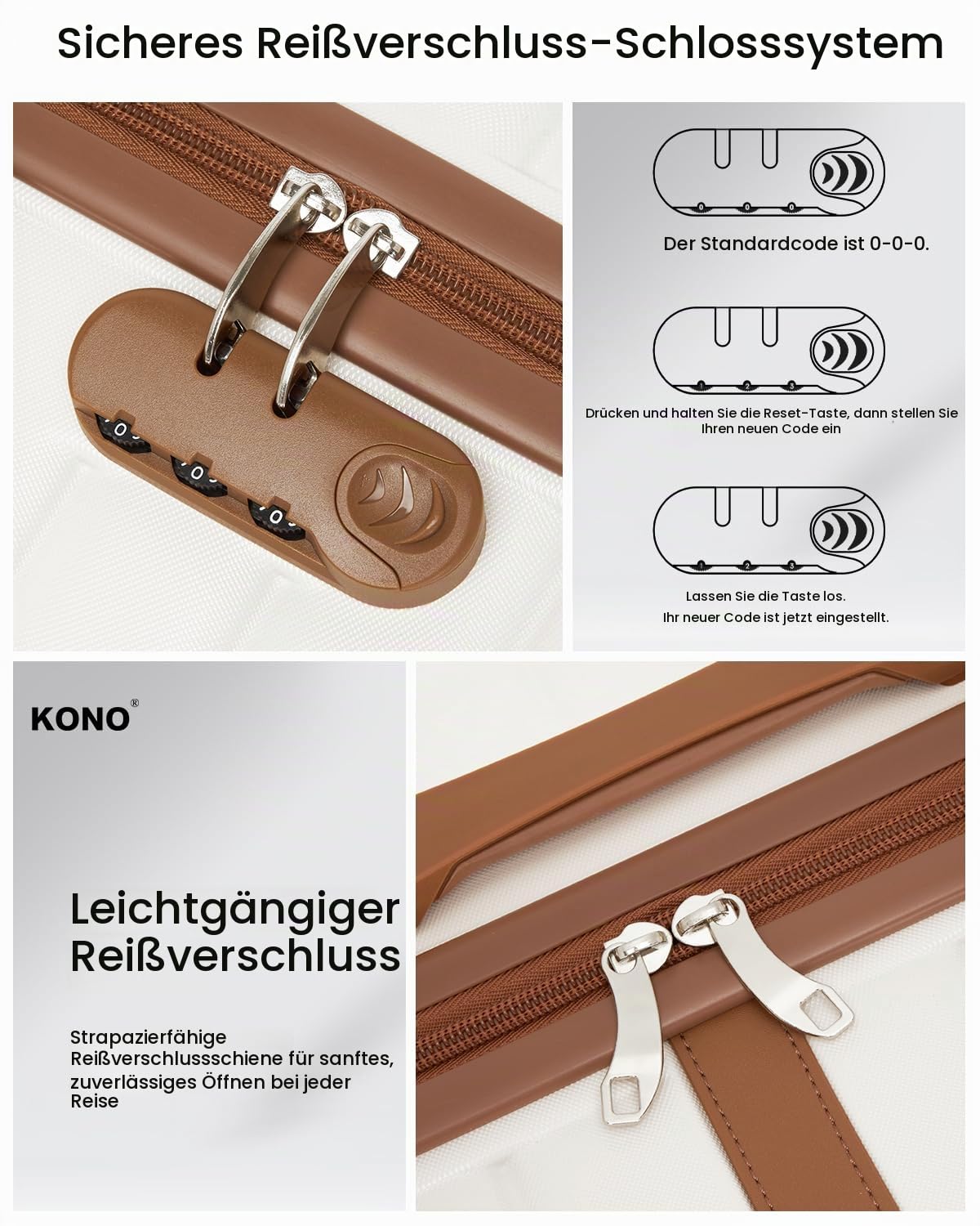 KONO Handgepäck Koffer 55x40x20 cm, Hartschalenkoffer aus ABS+PC, Leichter Reisekoffer mit 4 Rollen, Zahlenschloss und Teleskopgriff für Flugreisen (Creme/Braun)