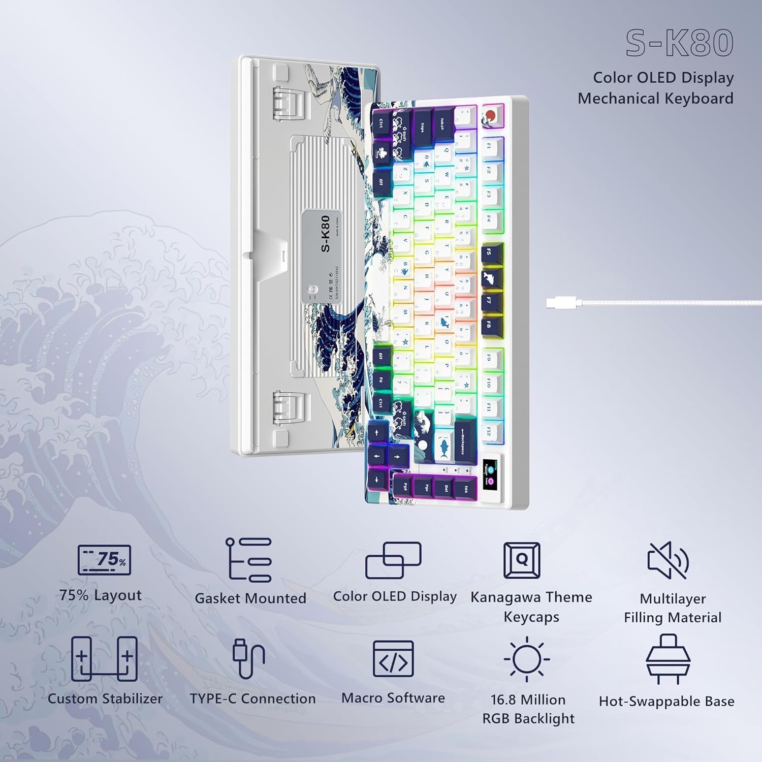 SK80 mechaniczna klawiatura do gier - 75% kompaktowa, podświetlana LED USB-C, hot swap, motyw Kanagawa, mocowanie uszczelki RGB, kompatybilna z Mac/Win, Biała | Klawiatura do gier Joint Mount RGB Custom Keyboard dla Mac/Win, biała