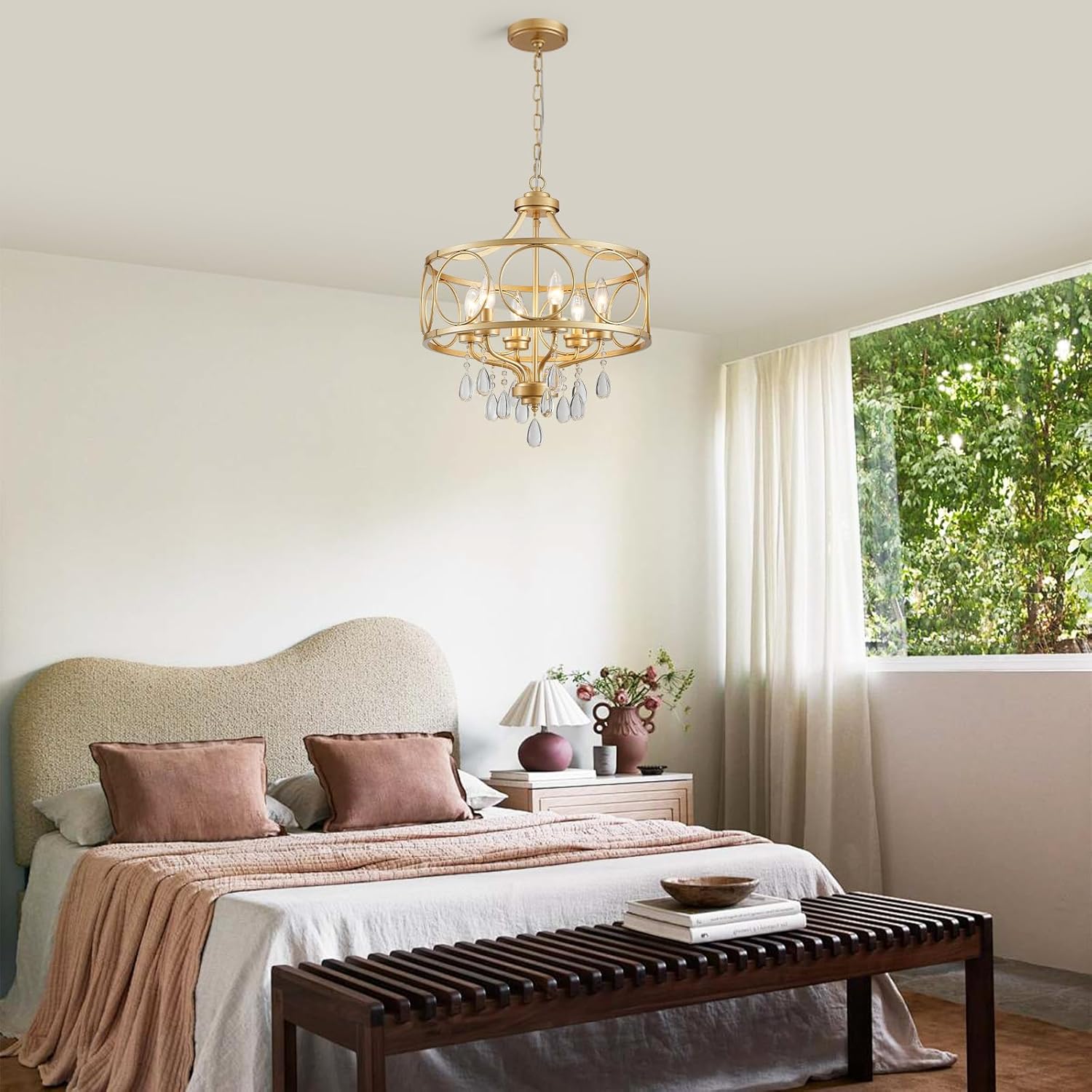 6-Light Modern Gold Crystal Chandelier, 17.7" Farmhouse Ceiling Light Fixture, Hanging Metal Pendant Lights Kitchen Island Dining Room Entryway Foyer