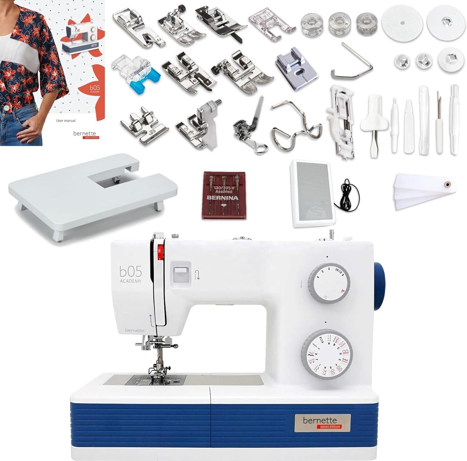 Bernette B05 Academy Heavy Duty Sewing Machine | Extension Table, 30 Stitches Variety, 12 Presser Feet, LED Light, Foot Control Accessories | Portable Quilting & Embroidery Kit for Beginners & Pros