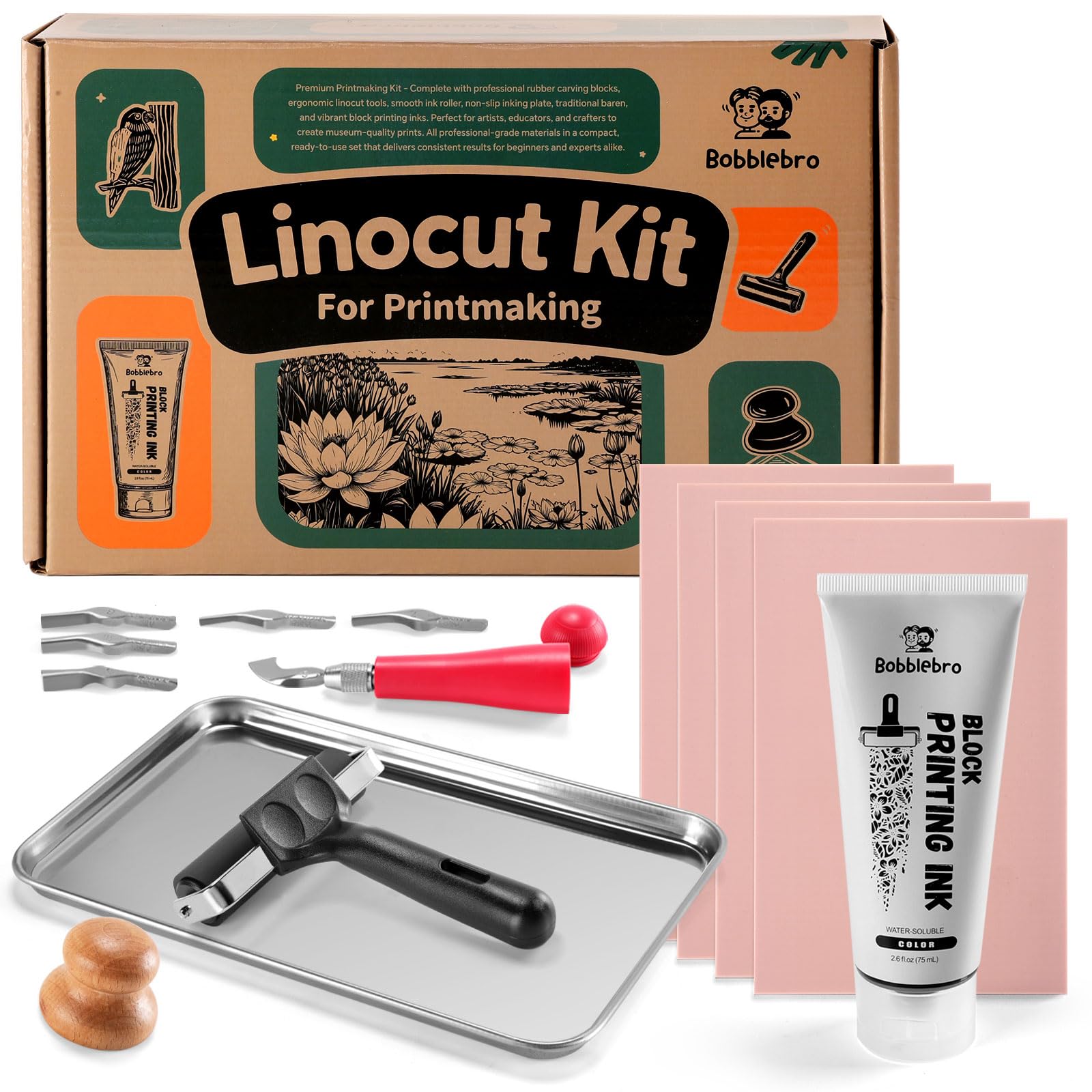 Photo 1 of Bobblebro Linocut Kit for Printmaking - Arts and Crafts for Adults - Mother's Day Gift DIY Kit - Hobby Kits Birthday Gift for Women, Men, Boys, Girls - Stamp Making Kit - Linoleum Blocks Carving Tools