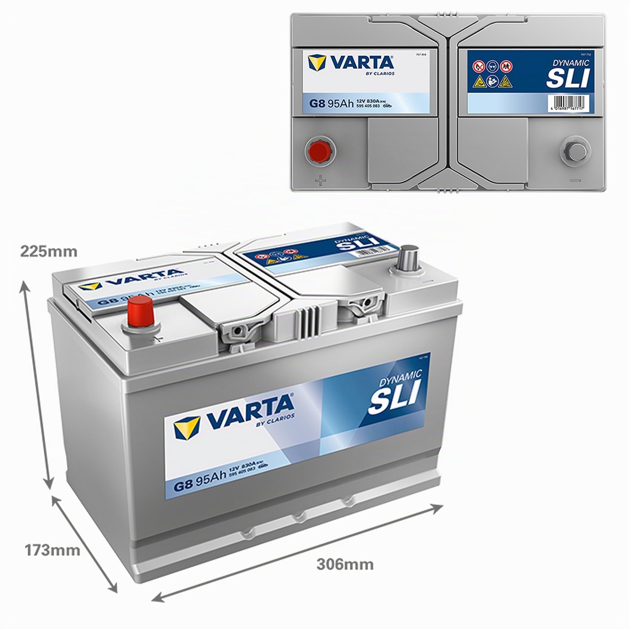 VARTA Automotive DYNAMIC SLI (G8) 12V 95Ah 830A - Batteria auto al piombo-acido per veicoli standard senza start-stop - Batteria di avviamento per fabbisogno energetico base - senza manutenzione