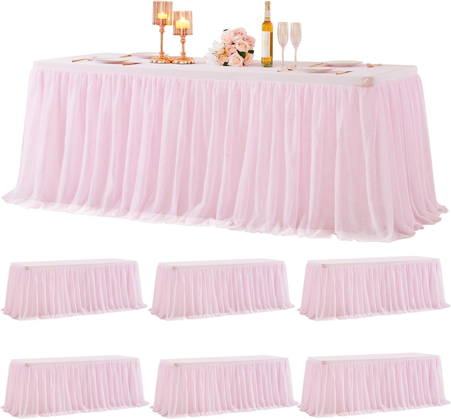 6 Pack Pink Tulle Tablecloth Table Skirt for 6 Foot Rectangle Tables, Baby Shower Table Cloths Ruffle Tutu Table Skirt Stretch Fitted Table Covers for Wedding Girl's Birthday Princess Themed Parties