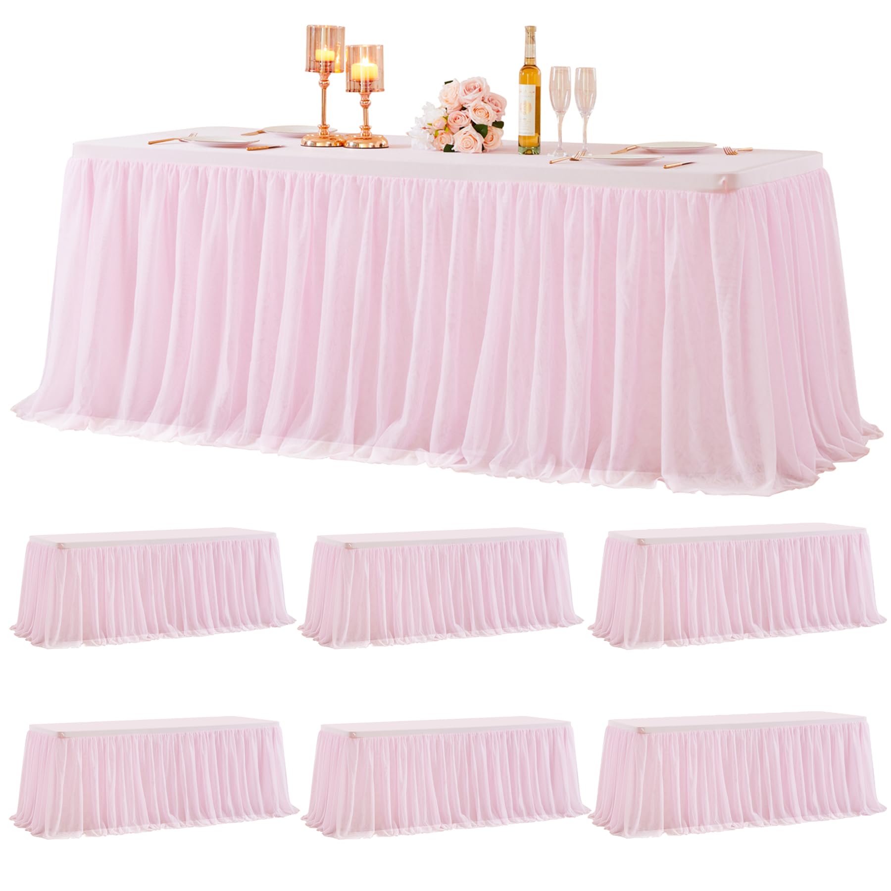Photo 1 of Party Talk Tulle Tablecloth Table Skirt for 6 Foot Rectangle Tables Table Covers with Ruffle Tutu Table Skirt for Wedding Reception Party Birthday, Pink, 6 Pack, 6ft Table Cloth
