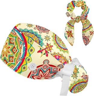 FVQL 2 Pieces Surgical Cap for Long Hair Scrub Cap with Hairband Nurse Cap, Colorful Pattern Floral