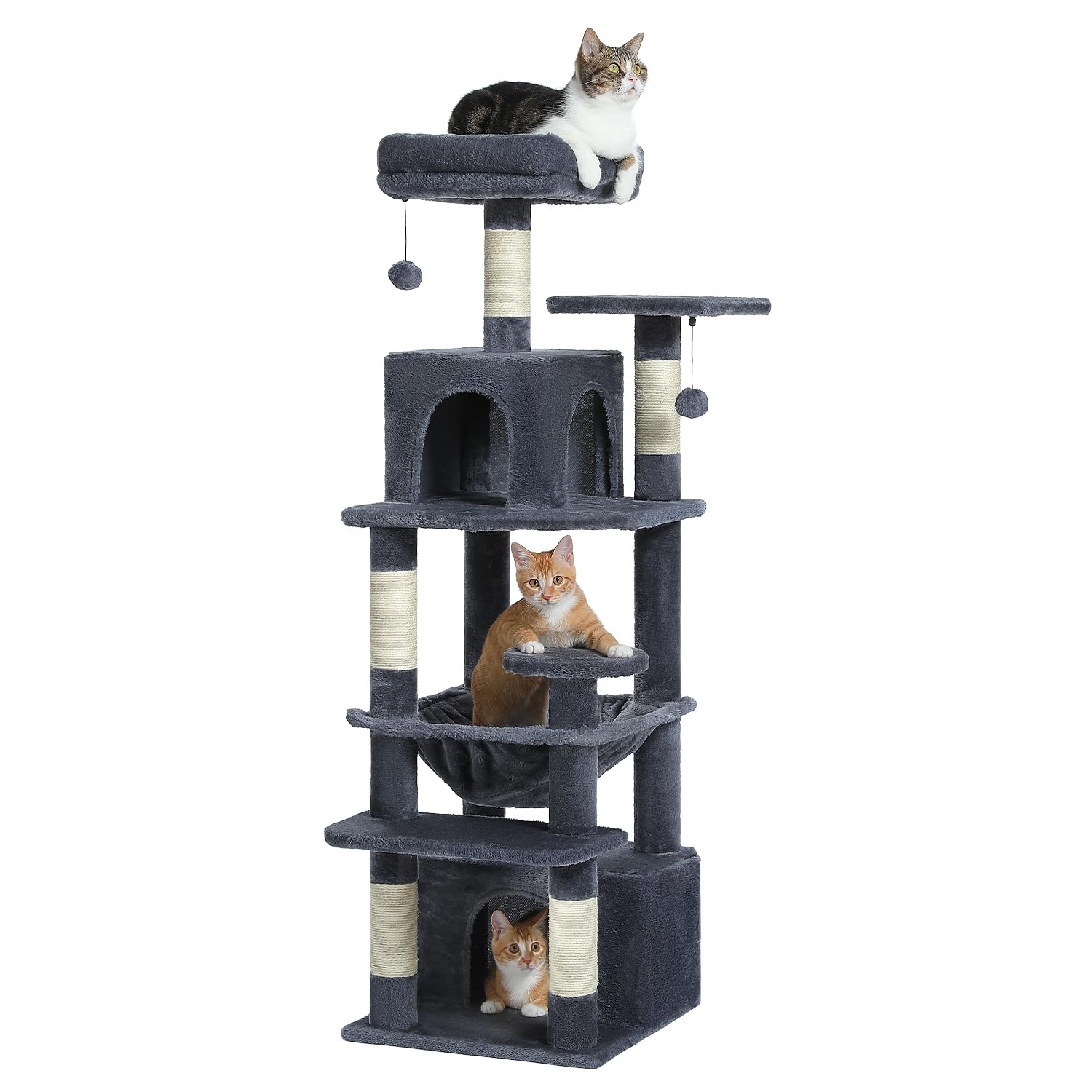 PAWZ Road Cat Tree, 53.5 Inches Tall Cat Tower with Spacious Hammocks, Condos and Scratching Posts, Cat House with Dual Padded Perches for Indoor Large Cats-Dark Gray