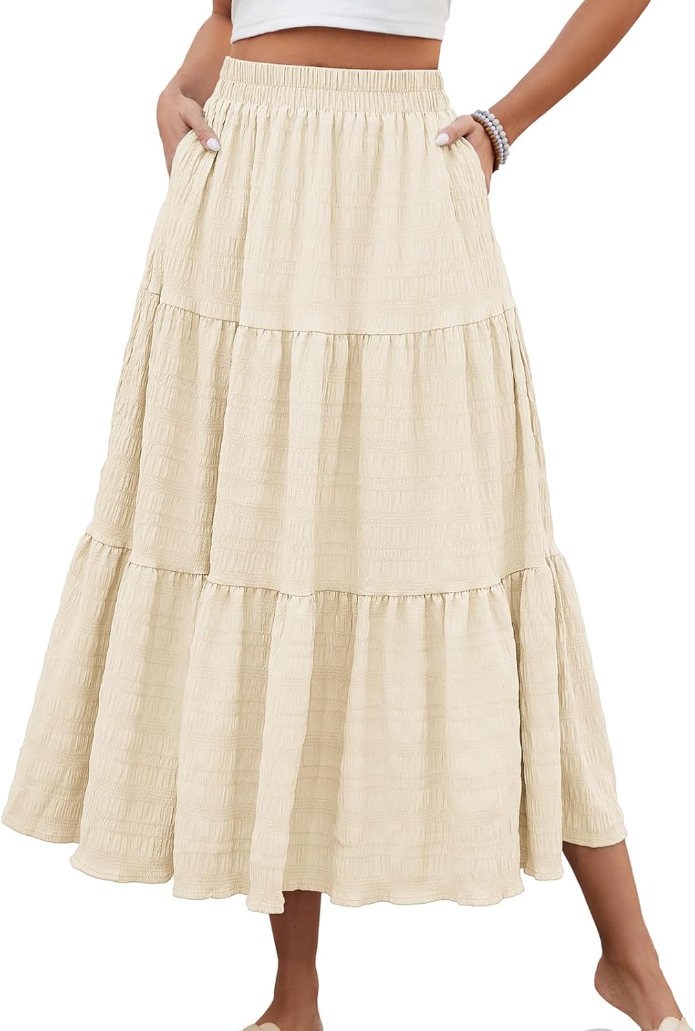 HUSKARY Women's Summer Casual Elegant Smock Layered Tiered Maxi Skirt High Waisted A Line Flowy Long Skirts with Pockets