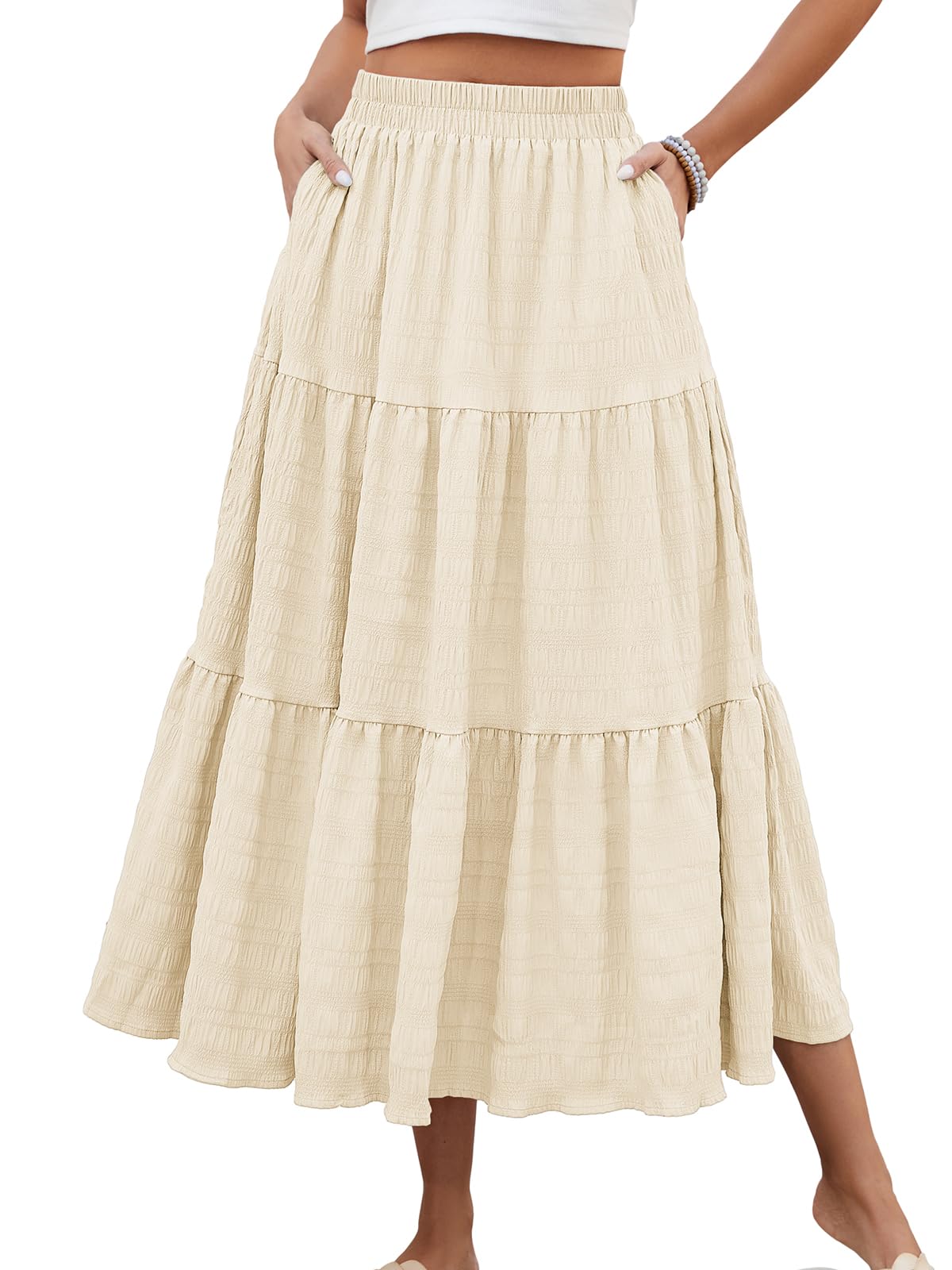 HUSKARY Women's Summer Casual Elegant Smock Layered Tiered Maxi Skirt High Waisted A Line Flowy Long Skirts with Pockets X-Small Beige